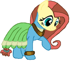 Size: 456x390 | Tagged: safe, artist:qjosh, fluttershy, meadowbrook, earth pony, pegasus, pony, accessory, bracelet, character to character, clothes, dress, female, hairband, jewelry, looking down, mare, necklace, pony to pony, raised leg, simple background, smiling, standing, transformation, white background