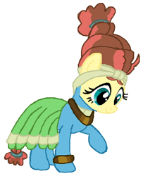 Size: 452x557 | Tagged: safe, artist:qjosh, fluttershy, meadowbrook, earth pony, pegasus, pony, accessory, bracelet, character to character, clothes, dress, female, hairband, headband, jewelry, looking down, mare, necklace, pony to pony, raised leg, simple background, smiling, standing, transformation, white background