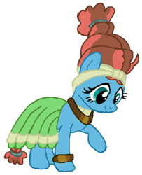 Size: 452x557 | Tagged: safe, artist:qjosh, fluttershy, meadowbrook, earth pony, pegasus, pony, accessory, bracelet, character to character, clothes, dress, female, hairband, headband, jewelry, looking down, mare, necklace, pony to pony, raised leg, simple background, smiling, standing, transformation, transformed, white background