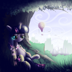 Size: 3000x3000 | Tagged: safe, artist:millifortnight, derpibooru import, twilight sparkle, twilight sparkle (alicorn), alicorn, pony, augmented, female, hot air balloon, mare, solo, tree