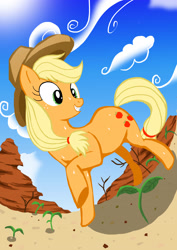 Size: 2480x3508 | Tagged: safe, artist:neoshrek, applejack, earth pony, pony, appleloosa, canyon, cloud, female, grin, hat, high res, mare, plant, raised hoof, sky, smiling, solo, sweat