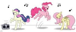 Size: 4810x2038 | Tagged: safe, artist:ggchristian, bon bon, fluttershy, pinkie pie, sweetie drops, pegasus, pony, andrea libman, dancing, high res, pronking, radio