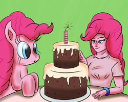 Size: 2500x2000 | Tagged: safe, artist:aflurryofdragons, pinkie pie, human, pony, cake, clothes, food, high res, human ponidox, humanized, self ponidox, shirt