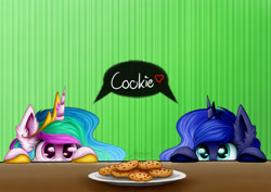 Size: 3507x2480 | Tagged: safe, artist:victoria-luna, princess celestia, princess luna, alicorn, pony, chocolate chip cookies, cookie, cute, cutelestia, dialogue, duo, ear fluff, eyes on the prize, female, food, heart, lunabetes, mare, peeking, plate, royal sisters, signature, speech bubble, table