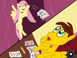 Size: 3300x2502 | Tagged: safe, artist:sb1991, fluttershy, oc, oc:film reel, pegasus, pony, camera, fanfic, fanfic art, flying, link in description, paper, pencil, ponyville town hall, script, singing, story art, surprised, table, town hall