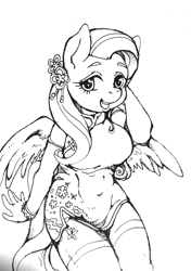 Size: 1444x2048 | Tagged: safe, artist:hobilo, fluttershy, anthro, pegasus, black and white, cheongsam, chinese dress, clothes, female, grayscale, hair ornament, looking at you, monochrome, open mouth, smiling, solo, spread wings, wings