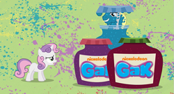 Size: 603x328 | Tagged: safe, hugh jelly, sweetie belle, exploitable meme, gak, meta, nickelodeon