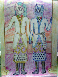 Size: 3120x4160 | Tagged: safe, artist:mildgyth, princess celestia, princess luna, anthro, plantigrade anthro, alternate hairstyle, boots, clothes, column, derafsh kaviani, faravahar, holding hands, jewelry, necklace, shoes, sunrise, traditional art, ziragshabdarverse