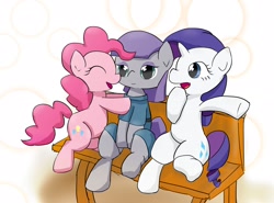 Size: 2446x1812 | Tagged: safe, artist:up_p_ab, maud pie, pinkie pie, rarity, earth pony, pony, unicorn, bench, female, trio