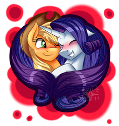 Size: 1600x1700 | Tagged: safe, artist:jack-pie, applejack, rarity, earth pony, pony, unicorn, blushing, eyes closed, female, heart, lesbian, mare, one eye closed, rarijack, shipping, smiling, wink