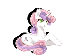 Size: 1500x1080 | Tagged: dead source, safe, artist:r-1629, sweetie belle, pony, unicorn, alternate cutie mark, colored pupils, cute, diasweetes, female, mare, older, older sweetie belle, pixiv, prone, simple background, solo, white background