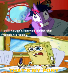 Size: 628x680 | Tagged: safe, derpibooru import, edit, edited screencap, screencap, twilight sparkle, image macro, meme, no free rides, spongebob squarepants, that's my pony, that's my x