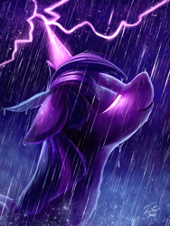 Size: 675x900 | Tagged: safe, artist:tsitra360, derpibooru import, twilight sparkle, twilight sparkle (alicorn), alicorn, pony, digital art, eyes closed, feather, female, glowing eyes, glowing horn, lightning, magic, mare, profile, rain, smiling, solo