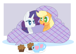Size: 1628x1148 | Tagged: safe, artist:redrose26, applejack, rarity, earth pony, pony, unicorn, apple brown betty (food), blanket, cup, duo, female, food, heart eyes, lesbian, mare, rarijack, shipping, wingding eyes