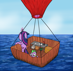 Size: 1024x994 | Tagged: safe, artist:php18, derpibooru import, spike, twilight sparkle, dragon, hot air balloon, magic