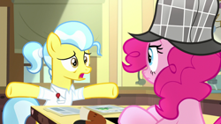 Size: 1280x720 | Tagged: safe, screencap, doctor fauna, pinkie pie, earth pony, pony, secrets and pies, deerstalker, desk, hat