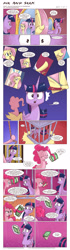 Size: 1072x3845 | Tagged: safe, artist:saturdaymorningproj, derpibooru import, fluttershy, pinkie pie, twilight sparkle, twilight sparkle (alicorn), alicorn, earth pony, pegasus, pony, comic:pie and seek, book, cage, clothes, clue, comic, covering, disguise, female, fluttershy suit, hair hold, magic, mare, mirror, pinkie costume, pony costume, prehensile mane, zipper
