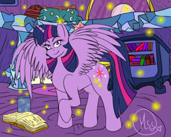 Size: 1280x1024 | Tagged: safe, artist:manestreamstudios, derpibooru import, twilight sparkle, twilight sparkle (alicorn), alicorn, firefly (insect), pony, book, female, mare, solo