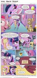 Size: 1045x2190 | Tagged: safe, artist:saturdaymorningproj, derpibooru import, fluttershy, twilight sparkle, twilight sparkle (alicorn), alicorn, pegasus, pony, comic:pie and seek, balloon, clothes, clue, comic, covering, doll, female, five nights at freddy's, mare, pinkie costume, pony costume, toy
