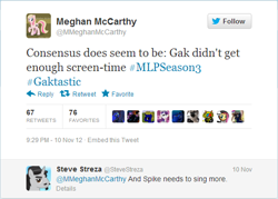 Size: 540x386 | Tagged: safe, spike, season 3, gak, meghan mccarthy, meta, text, twitter