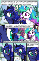 Size: 1989x3072 | Tagged: safe, artist:docwario, princess celestia, princess luna, alicorn, pony, comic:royal chores, comic, dialogue, english, jewelry, regalia, speech bubble