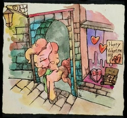 Size: 2048x1890 | Tagged: safe, artist:awk44, pinkie pie, earth pony, pony, candy, clothes, eyes closed, female, food, holiday, mare, scarf, traditional art, valentine, valentine's day