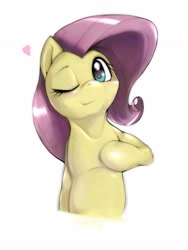 Size: 1536x2048 | Tagged: safe, artist:kurogewapony, fluttershy, pegasus, pony, blushing, cute, female, looking at you, mare, one eye closed, shyabetes, simple background, solo, white background, wink