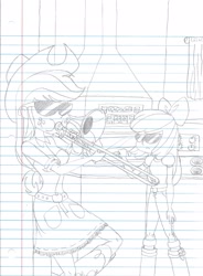 Size: 1513x2054 | Tagged: safe, artist:haleyc4629, apple bloom, applejack, equestria girls, female, kitchen, lined paper, parody, sisters, sketch, sunglasses, traditional art, trombone, vine video, when granny smith ain't home, when mama isn't home