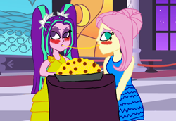 Size: 1800x1240 | Tagged: safe, artist:bigpurplemuppet99, aria blaze, fluttershy, equestria girls, ariashy, blushing, disney, female, flutterblaze, food, lady and the tramp, lesbian, pasta, shipping, spaghetti