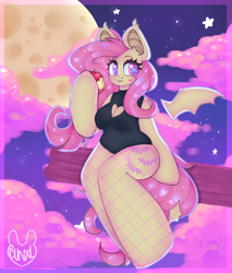 Size: 3400x4000 | Tagged: safe, artist:bunxl, fluttershy, anthro, bat pony, unguligrade anthro, apple, boob window, female, fishnet stockings, flutterbat, food, looking at you, mare, race swap, solo