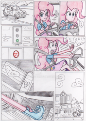 Size: 800x1128 | Tagged: safe, artist:manicsam, pinkie pie, equestria girls, boots, brakes, car, comic, driving, humor, pedal, road, screaming, shoes, smiling, traffic light