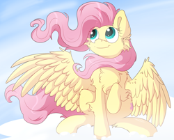 Size: 1024x824 | Tagged: dead source, safe, artist:xgglitch, fluttershy, pegasus, pony, chest fluff, female, mare, smiling, solo, spread wings, wings
