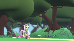 Size: 1366x768 | Tagged: safe, artist:windywhirlytwirly, fluttershy, pegasus, pony, 3d, clothes, flower, forest, gmod, grass, mushroom, plant, scarf, solo, tree