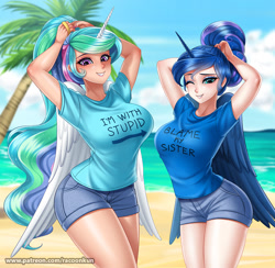 Size: 1100x1072 | Tagged: safe, artist:racoonsan, edit, princess celestia, princess luna, alicorn, human, between dark and dawn, alicorn humanization, alternate hairstyle, anime, beach, blame my sister, breasts, clothes, cute, cutelestia, duo, female, hair bun, horn, horned humanization, humanized, i'm with stupid, lunabetes, magic shirt, mare, nail polish, ocean, open mouth, palm tree, passive aggressive, royal sisters, shirt, tree, winged humanization, wings