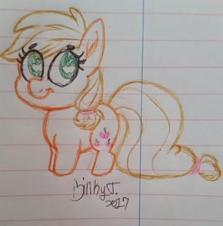 Size: 1815x1837 | Tagged: safe, artist:binkyt11, derpibooru exclusive, applejack, earth pony, pony, apple, chibi, ear fluff, lined paper, missing accessory, solo, traditional art, wingding eyes