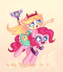 Size: 970x1103 | Tagged: safe, artist:avonir, pinkie pie, earth pony, pony, crossover, duo, female, mare, mewmans riding ponies, riding, simple background, star butterfly, star vs the forces of evil, stars, wand, xk-class end-of-the-world scenario