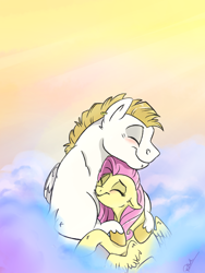 Size: 1024x1365 | Tagged: safe, artist:rutkotka, bulk biceps, fluttershy, pegasus, pony, blushing, cloud, cute, eyes closed, female, floppy ears, flutterbulk, hug, male, shipping, shyabetes, smiling, snuggling, straight