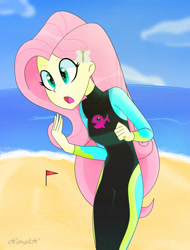 Size: 2554x3355 | Tagged: safe, artist:xan-gelx, fluttershy, better together, equestria girls, forgotten friendship, beach, female, solo, wetsuit