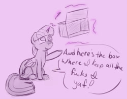 Size: 1051x823 | Tagged: safe, artist:post-it, derpibooru import, twilight sparkle, twilight sparkle (alicorn), alicorn, pony, box, female, look at all the fucks i give, magic, mare, monochrome, no fucks, sketch, solo, telekinesis, vulgar, zero fucks given