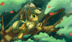 Size: 3640x2160 | Tagged: safe, artist:pirill, applejack, earth pony, pony, 30 minute art challenge, apple, clothes, female, food, hat, interview, mouth hold, notepad, pencil, reporter, solo, tree, tree branch, underhoof