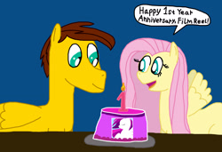 Size: 3204x2196 | Tagged: safe, artist:sb1991, fluttershy, oc, oc:film reel, pegasus, pony, anniversary, cake, candle, dialogue, equestria amino, food, logo, missing cutie mark, speech bubble