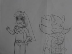 Size: 1024x768 | Tagged: safe, artist:brandonale, derpibooru import, twilight sparkle, twilight sparkle (alicorn), alicorn, equestria girls, batgirl, batman, clothes, cosplay, costume, crossover, dc comics, monochrome, shadow the hedgehog, shadtwi, sonic the hedgehog (series), traditional art