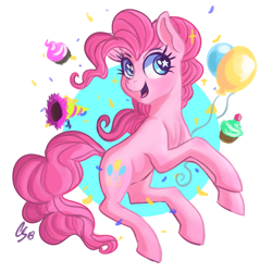 Size: 2000x2000 | Tagged: safe, artist:ask-colorsound, pinkie pie, earth pony, pony, balloon, cupcake, cute, diapinkes, female, food, mare, open mouth, simple background, smiling, solo, starry eyes, wingding eyes