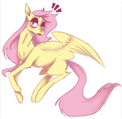 Size: 1280x1254 | Tagged: safe, artist:kotowataczekolada, fluttershy, pegasus, pony, exclamation point, female, flying, lidded eyes, mare, missing cutie mark, open mouth, simple background, solo, transparent background