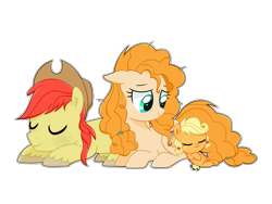 Size: 3600x2700 | Tagged: safe, artist:darkynez, applejack, bright mac, pear butter, earth pony, pony, the perfect pear, baby, baby pony, babyjack, brightbutter, female, filly, foal, male, mare, shipping, simple background, sleeping, stallion, straight, transparent background