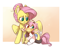 Size: 803x634 | Tagged: safe, artist:kapusha-blr, fluttershy, draconequus, hybrid, pegasus, pony, abstract background, alternate hairstyle, colored pupils, cute, duo, female, fluttermom, hair bun, heterochromia, hug, interspecies offspring, mother and child, mother and daughter, offspring, parent and child, parent:discord, parent:fluttershy, parents:discoshy, smiling, winghug