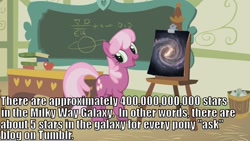 Size: 1280x720 | Tagged: safe, cheerilee, book, caption, chalkboard, cheerilee's clipboard meme, classroom, exploitable meme, galaxy, image macro, meme, meta, ponyville schoolhouse, solo, stars, text, tumblr