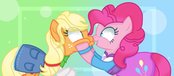 Size: 1908x842 | Tagged: safe, artist:emerald-bliss, applejack, pinkie pie, earth pony, pony, base used, boop, clothes, equestria girls outfit, female, mare, noseboop, skirt, squishy cheeks