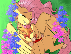 Size: 1024x768 | Tagged: safe, artist:loryska, fluttershy, oc, oc:larkspur, draconequus, hybrid, pegasus, pony, crying, female, flower, interspecies offspring, male, mother and child, mother and son, offspring, on back, parent and child, parent:discord, parent:fluttershy, parents:discoshy, tears of joy