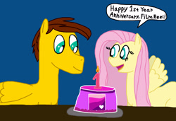 Size: 3204x2196 | Tagged: safe, artist:sb1991, fluttershy, oc, oc:film reel, pegasus, pony, anniversary, cake, candle, dialogue, equestria amino, food, logo, missing cutie mark, speech bubble, version 2